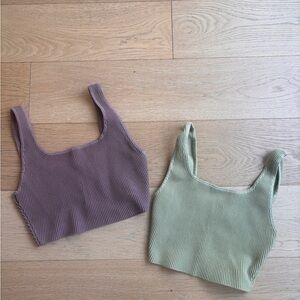 Babaton Ribbed Square Neck Crop Tops Set Mauve Sage Size Small